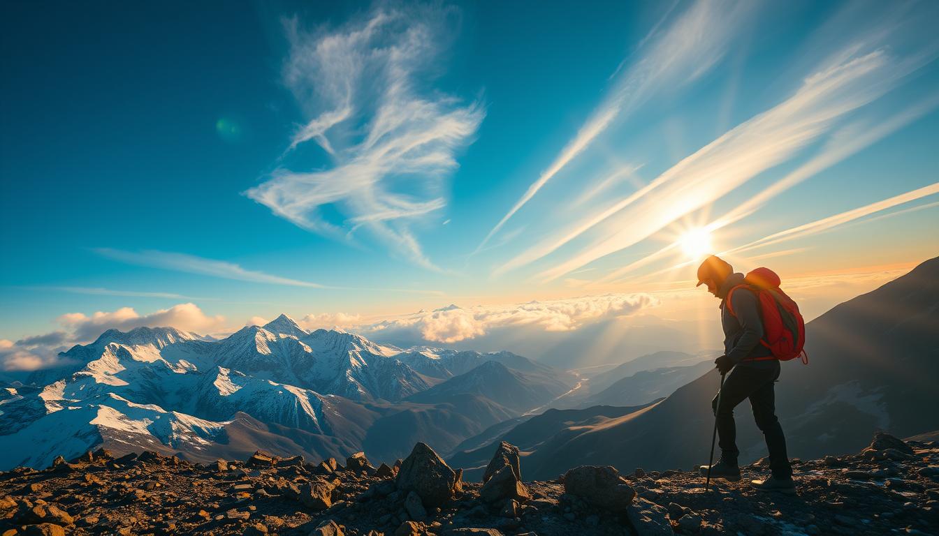 A breathtaking high-altitude trekking scene captured with a Canon EOS R5 and a Canon EF 16-35mm f/4L IS USM lens. In the foreground, a hiker navigates a rugged mountain trail, outfitted in warm, weatherproof gear. The middle ground features a stunning panorama of snow-capped peaks, their majestic summits piercing the azure sky. Shafts of warm, golden light filter through wispy clouds, casting a serene, adventurous atmosphere. In the background, a vast, untamed wilderness stretches out, hinting at the challenges and rewards of high-altitude exploration. The scene conveys the sense of exhilaration and preparation required for trekking at extreme elevations.