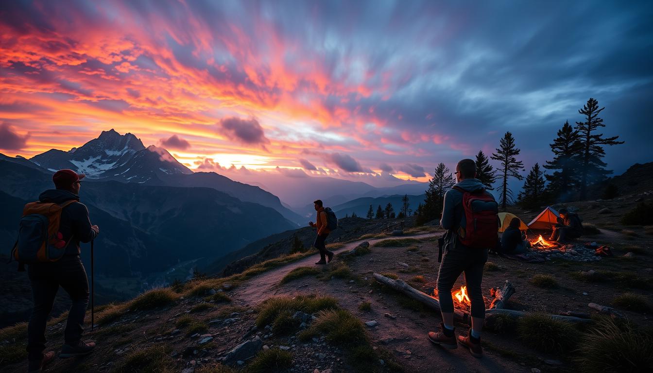 A breathtaking vista of adventure-ready travelers navigating rugged landscapes, backpacks on their shoulders and hiking boots firmly planted on the trail. In the foreground, a group of trekkers gazes out over a dramatic mountain range, their faces lit by the warm glow of a sunset. In the middle ground, a solo hiker strides purposefully along a winding path, their figure silhouetted against the vibrant, moody sky. In the background, a secluded campsite nestled among towering pines, its occupants settled around a crackling fire, their faces reflecting the dancing flames. Captured with a wide-angle DSLR lens, this image conveys the thrill and wonder of adventurous travel, the subjects' expressions and body language exuding a sense of exploration, resilience, and the freedom of the great outdoors.