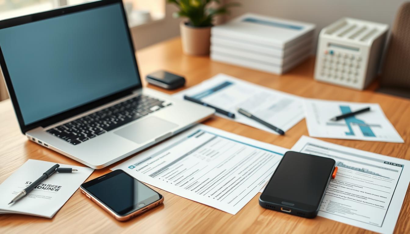 A clean, well-organized desktop with a laptop, smartphone, and various insurance-related documents neatly arranged. The image is shot in natural lighting, with a softbox or diffused lighting to create a warm, inviting atmosphere. The camera is a high-end DSLR, using a 50mm lens to capture a shallow depth of field, placing the subject in focus while blurring the background. The overall mood is professional, informative, and visually appealing, conveying the idea of a comprehensive "coverage comparison guide" for cruise travel insurance.