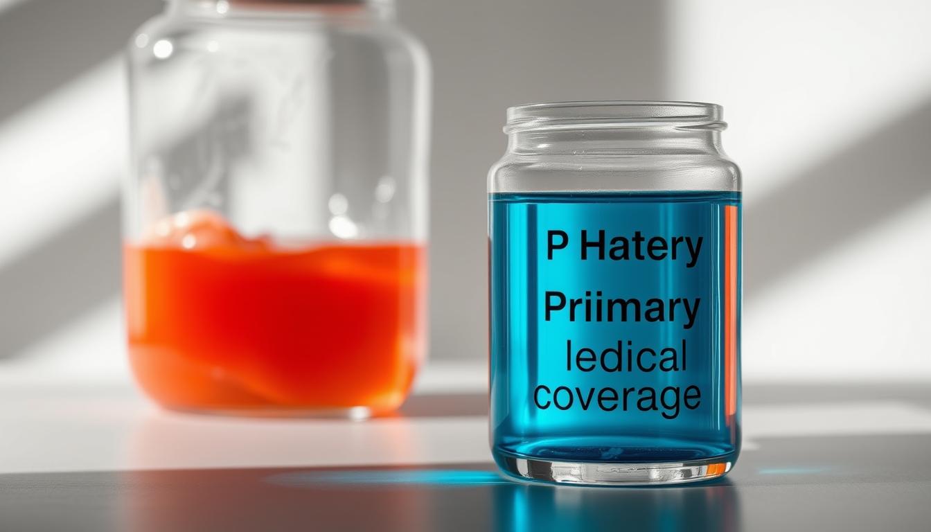 A clear glass jar filled with blue liquid, symbolizing primary medical coverage, sits in the foreground, bathed in soft, natural lighting. In the background, a fragmented, partially obscured glass jar filled with a reddish-orange liquid represents secondary medical coverage, casting an ominous shadow. The scene is captured with a wide-angle lens, creating a sense of depth and tension between the two jars. The overall atmosphere conveys the contrast and importance of understanding the differences between primary and secondary medical insurance coverage.
