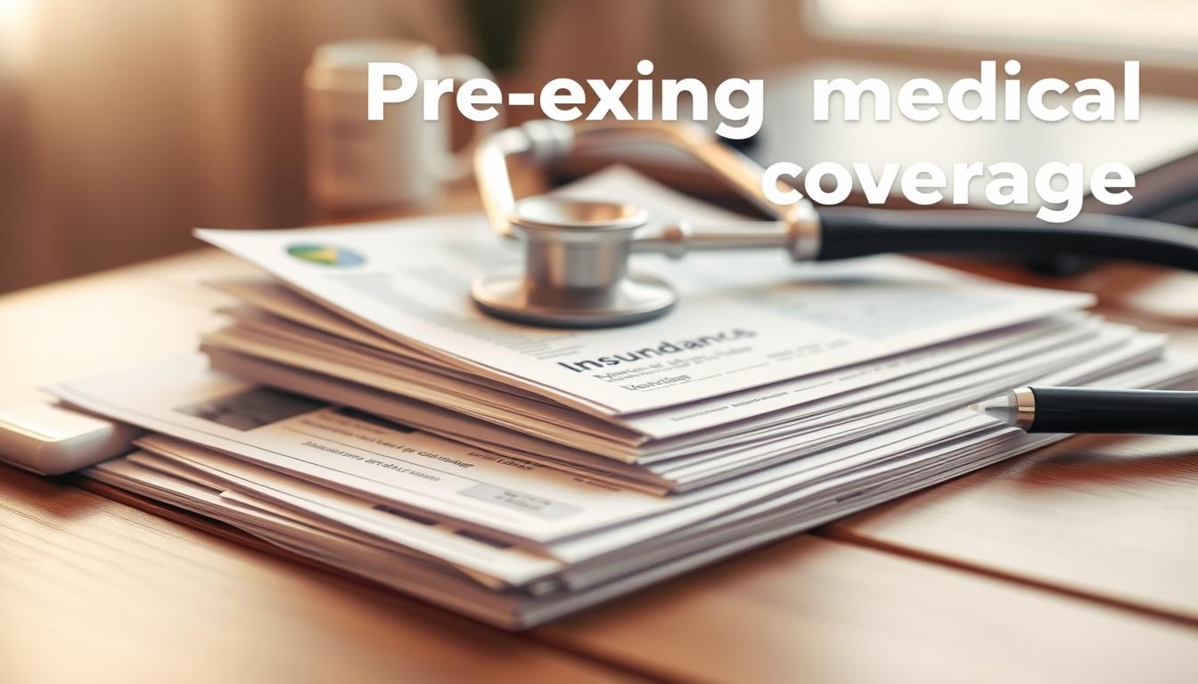 A close-up shot of a stack of medical documents, including insurance cards, prescriptions, and a stethoscope, resting on a wooden desk. The lighting is warm and natural, creating a sense of comfort and familiarity. The camera is positioned slightly above the desk, capturing the details of the paperwork and medical equipment in sharp focus. The background is blurred, creating a soft, calming atmosphere that emphasizes the importance of the subject matter. The overall mood is one of reassurance and preparedness, reflecting the idea of "pre-existing medical coverage" for international travelers.