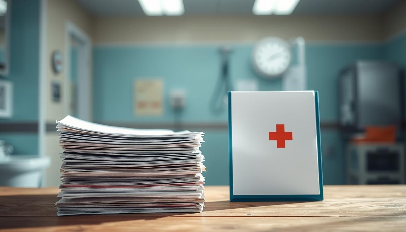 A comprehensive insurance plan and a medical-specific insurance plan stand side by side, their differences highlighted in a realistic, documentary-style photograph. The image is captured with a professional DSLR camera and a 24-70mm lens, offering a wide, detailed perspective. Soft, natural lighting illuminates the scene, creating a contemplative atmosphere. In the foreground, the comprehensive plan is represented by a stack of documents, conveying its broad coverage. In the middle ground, the medical-specific plan is depicted by a single medical file, emphasizing its specialized focus. The background features a blurred, clinical setting, hinting at the healthcare context. The overall composition encourages the viewer to compare and contrast the two insurance options, visually echoing the section title.
