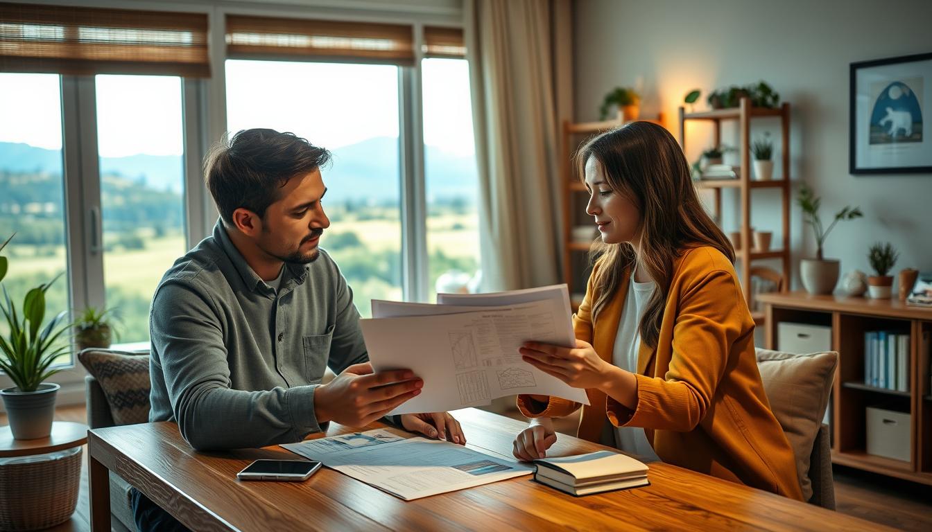 A cozy and inviting scene of a couple examining travel insurance documents together in a well-lit living room. The couple is seated at a wooden table, surrounded by soft lighting and warm tones. The man is gesturing towards the paperwork, engaged in discussion, while the woman listens intently. The room features a bookshelf, potted plants, and a large window overlooking a picturesque landscape. The overall atmosphere conveys a sense of security, collaboration, and the importance of planning for a carefree vacation. Captured with a Canon EOS R5 and a 24-70mm f/2.8 lens, creating a realistic and immersive image.
