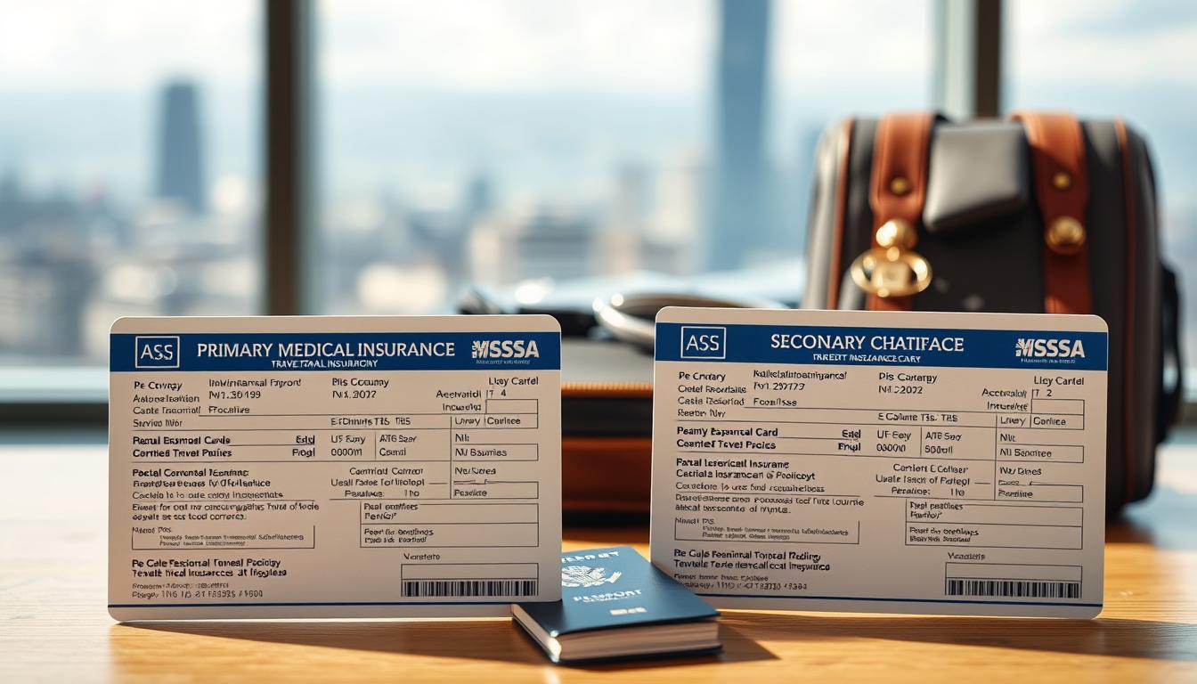 A detailed comparison of primary and secondary travel medical insurance policies, depicted as a realistic photographic image. The foreground shows two insurance cards side-by-side, with their key coverage details clearly visible. The middle ground presents a travel scene, with a suitcase, passport, and other vacation essentials. The background features a blurred cityscape, suggesting the global nature of travel. The lighting is soft and natural, creating a warm, informative atmosphere. Captured with a high-resolution DSLR camera and a 24-70mm lens, the image conveys a sense of authority and professionalism.