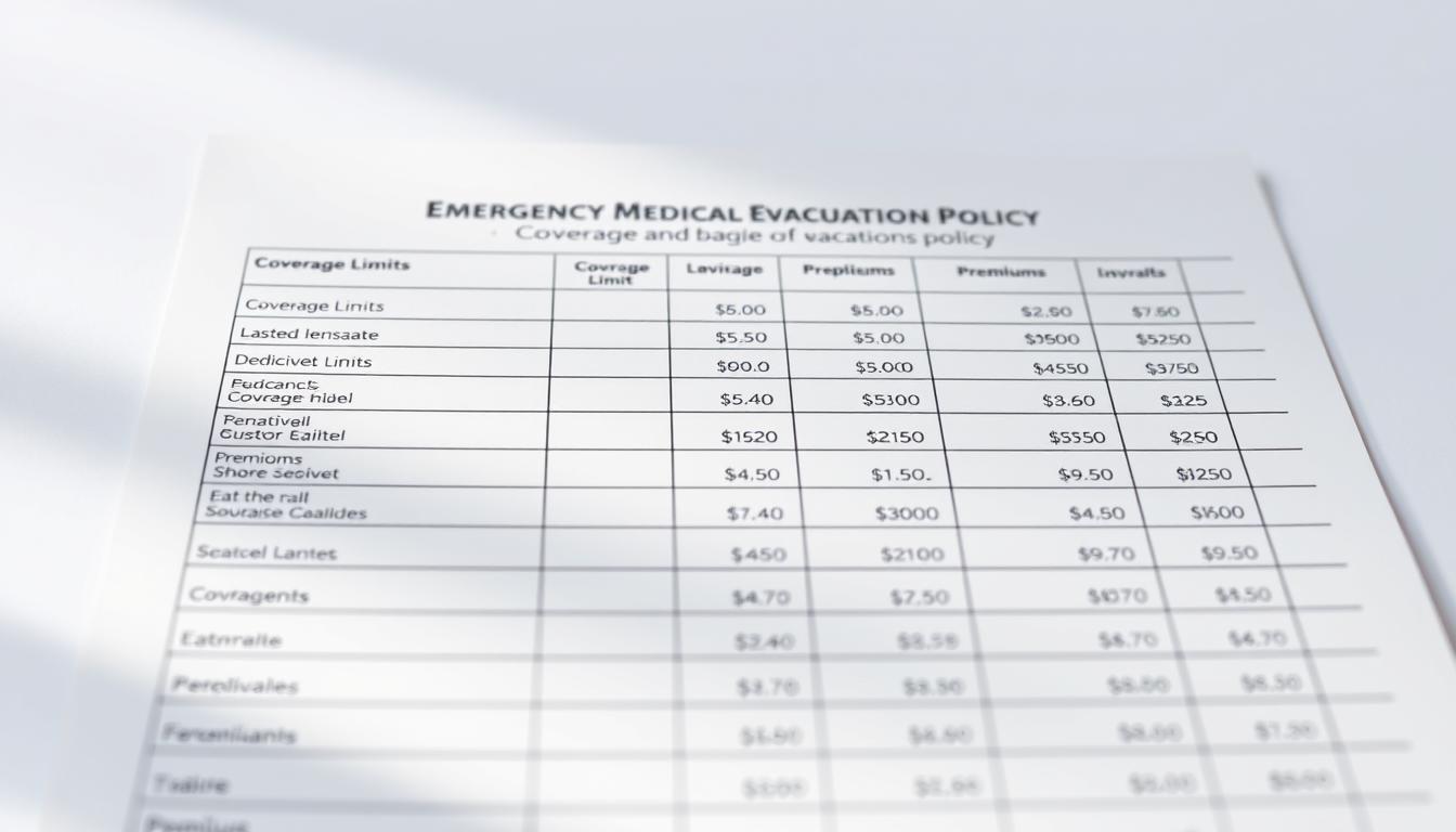 A detailed photorealistic image of a spread sheet showing the coverage limits and cost considerations for an emergency medical evacuation policy. The spreadsheet is set against a plain white background, with soft natural lighting from the left side. The spreadsheet displays columns for coverage limits, deductibles, premiums, and other relevant details in a clean, organized layout. The numbers and text appear crisp and legible, with a slight depth of field blur to draw the viewer's attention to the key information. The overall mood is one of clarity, professionalism, and attention to detail, reflecting the seriousness of the subject matter.