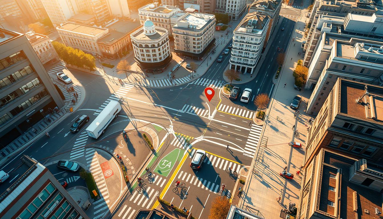 A detailed real-world satellite map of a city street intersection, viewed from above at a 45-degree angle. The streets are bustling with vehicles, pedestrians, and cyclists, all seamlessly integrated with a comprehensive mapping and navigation overlay. The map interface is sleek and intuitive, featuring precise location markers, route guidance, and real-time traffic updates. The scene is bathed in warm, natural sunlight, captured with a high-quality DSLR camera and a wide-angle lens to convey a sense of depth and immersion. The overall mood is one of efficient urban mobility and connectivity, reflecting the advanced capabilities of modern travel safety apps.