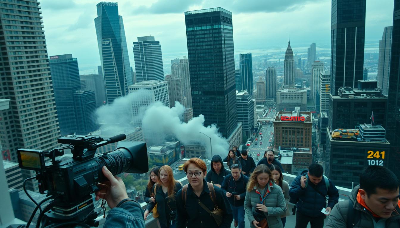 A dramatic aerial shot of a bustling urban landscape, with towering skyscrapers and a sense of unease. In the foreground, a news crew films a live report, their cameras and microphones capturing the unfolding events. In the middle ground, a group of travelers hurry through the city streets, their expressions tense and worried. In the background, a plume of smoke rises from a distant location, hinting at the unseen forces that have disrupted the ordinary flow of life. The scene is illuminated by a moody, overcast lighting, casting long shadows and a sense of foreboding. Captured with a wide-angle lens and a high vantage point, this image conveys the gravity and uncertainty of a terrorism-related travel disruption.