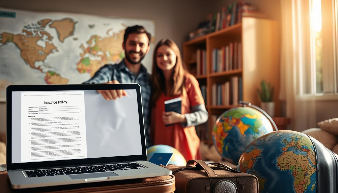 A family standing in front of a world map, smiling and holding travel documents. Warm sunlight filters through the windows, casting a cozy glow. In the foreground, a laptop displays an insurance policy, its details legible. The middle ground showcases suitcases, a passport, and a globe, symbolizing the joys of family travel. The background features a bookshelf filled with travel guides, adding to the sense of adventure. Shot with a Canon EOS R5 using a 24-70mm f/2.8 lens, this image conveys the importance of comprehensive travel insurance for families embarking on their next getaway.