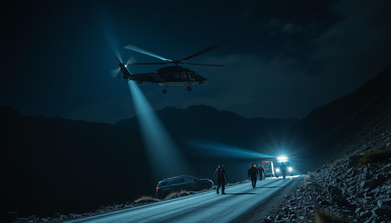 A helicopter flying low over a rugged mountainous landscape, its searchlight cutting through the night sky. In the distance, a team of emergency responders with medical equipment hastens towards a wrecked vehicle on a remote road. The scene is illuminated by the helicopter's floodlights, casting dramatic shadows and highlights. The camera's wide-angle lens captures the urgency and scale of the rescue operation, with the helicopter's rotors whirling overhead. The mood is tense yet determined, conveying the critical importance of the medical evacuation.