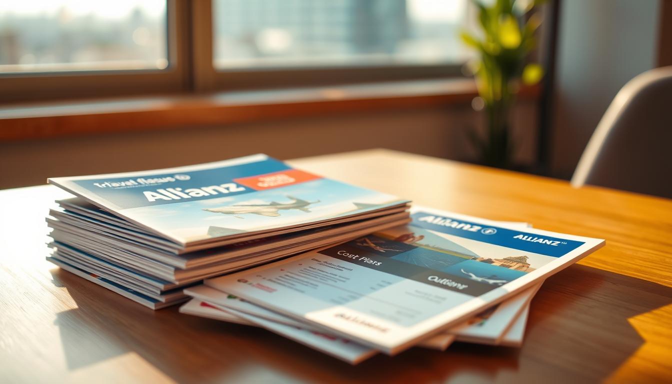 A high-quality photograph of cost-effective Allianz travel insurance plans. The image features a stack of brochures and documents on a wooden table, illuminated by warm, natural lighting through a nearby window. The brochures display the Allianz logo prominently, showcasing various plan options and pricing details. The camera is positioned slightly above the table, capturing the plans from a slightly elevated angle to create a sense of depth and perspective. The background is blurred, with a subtle, out-of-focus cityscape visible, suggesting the plans are designed for travelers. The overall mood is professional, informative, and visually appealing, reflecting the affordable and reliable nature of the Allianz travel insurance offerings.