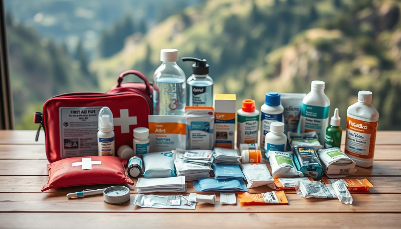 A neatly arranged assortment of essential travel health items laid out on a clean, wooden surface. In the foreground, a first-aid kit, thermometer, bandages, antiseptic wipes, and various medications are meticulously displayed. In the middle ground, a water bottle, sunscreen, and insect repellent stand ready. The background features a blurred, natural landscape, conveying a sense of adventure and preparedness. Captured with a high-quality DSLR camera using a 50mm prime lens, the image is lit by soft, natural lighting, creating a warm, inviting atmosphere.