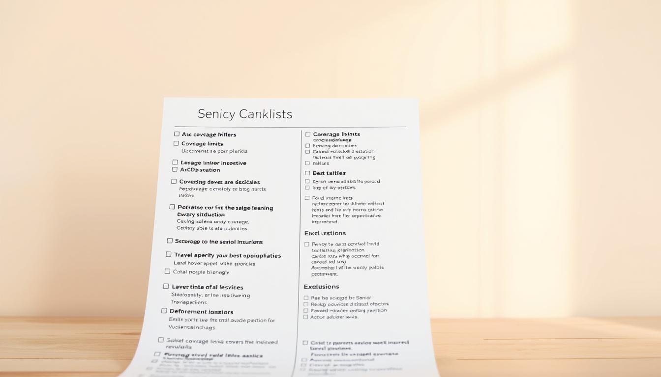 A neatly organized checklist against a soft, muted background. The foreground features a clean, minimalist design with clearly labeled policy criteria like coverage limits, deductibles, and exclusions. The middle ground showcases various travel-related icons, subtly hinting at the insurance context. Warm, natural lighting casts a cozy, approachable atmosphere, captured with a wide-angle lens to emphasize the comprehensive nature of the checklist. The overall tone is professional yet accessible, guiding the viewer through the key considerations for selecting the right senior travel insurance coverage.