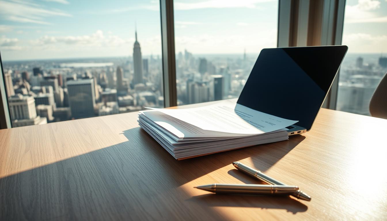 A pristine, sun-dappled office desk, its surface a sleek expanse of wood and glass. Atop it, an open laptop and a stack of insurance documents, their pages rustling gently in the soft breeze from an open window. Beside them, a pen poised and ready, its metal gleam catching the light. In the background, a panoramic view of a bustling city skyline, the distant towers and spires framed by wispy clouds. The scene radiates a sense of professionalism and flexibility, conveying the ease and convenience of policy renewal in the modern digital age.