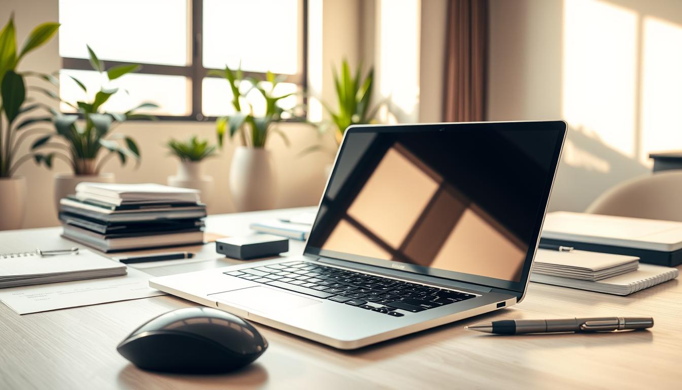 A professional-grade business office setup with a well-organized desk, a high-quality laptop, and various office supplies. The laptop is prominently displayed, with a sleek, modern design and a glossy, reflective screen. Surrounding the laptop are essential business tools such as a wireless mouse, a stylish pen holder, and a neatly stacked pile of documents. The lighting is warm and diffused, creating a comfortable and productive atmosphere. The background is a clean, minimalist workspace with a few potted plants and a large window, allowing natural light to fill the room. Captured with a high-resolution DSLR camera using a wide-angle lens, this image conveys the importance of protecting valuable business equipment during travel.