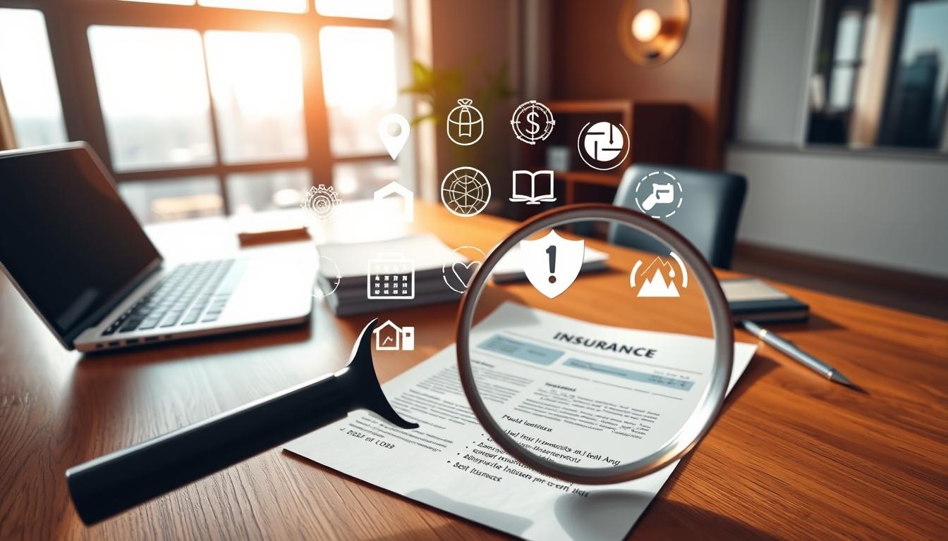 A professional office setting with a large wooden desk, a laptop, and a stack of documents. Warm, natural lighting filters in through a window, casting a soft glow. In the foreground, a magnifying glass hovers over a page, highlighting the details of an insurance policy. The middle ground features an array of insurance-related icons and symbols, such as a calculator, a pie chart, and a shield. The background showcases a cityscape, representing the various factors that can influence insurance costs, like location, industry, and risk factors.