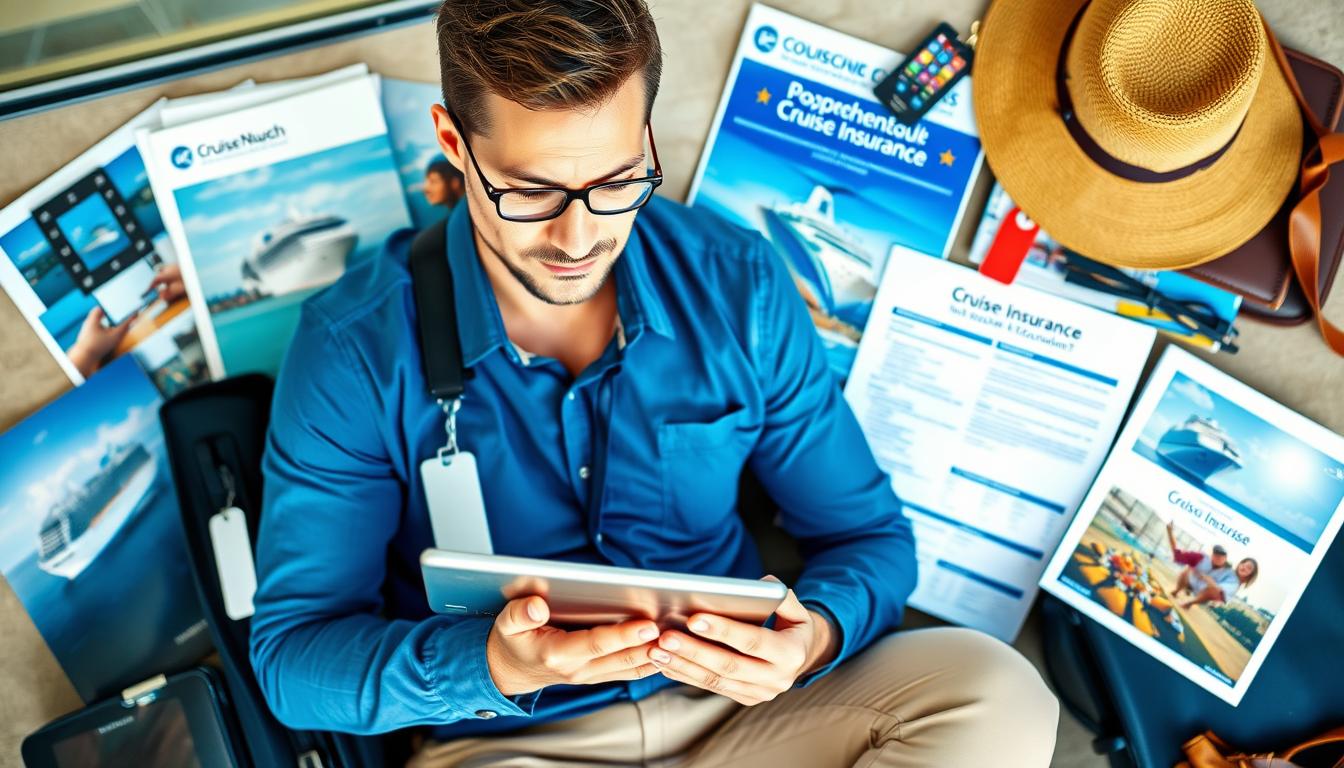 A professional traveler browsing through a comprehensive cruise insurance policy on a tablet, surrounded by cruise ship brochures, luggage tags, and other travel accessories. Bright yet natural lighting illuminates the scene, captured by a high-resolution DSLR camera with a 50mm lens. The overall atmosphere conveys a sense of thoughtful consideration, as the traveler carefully reviews the policy details to ensure they are making an informed decision about protecting their upcoming cruise vacation.