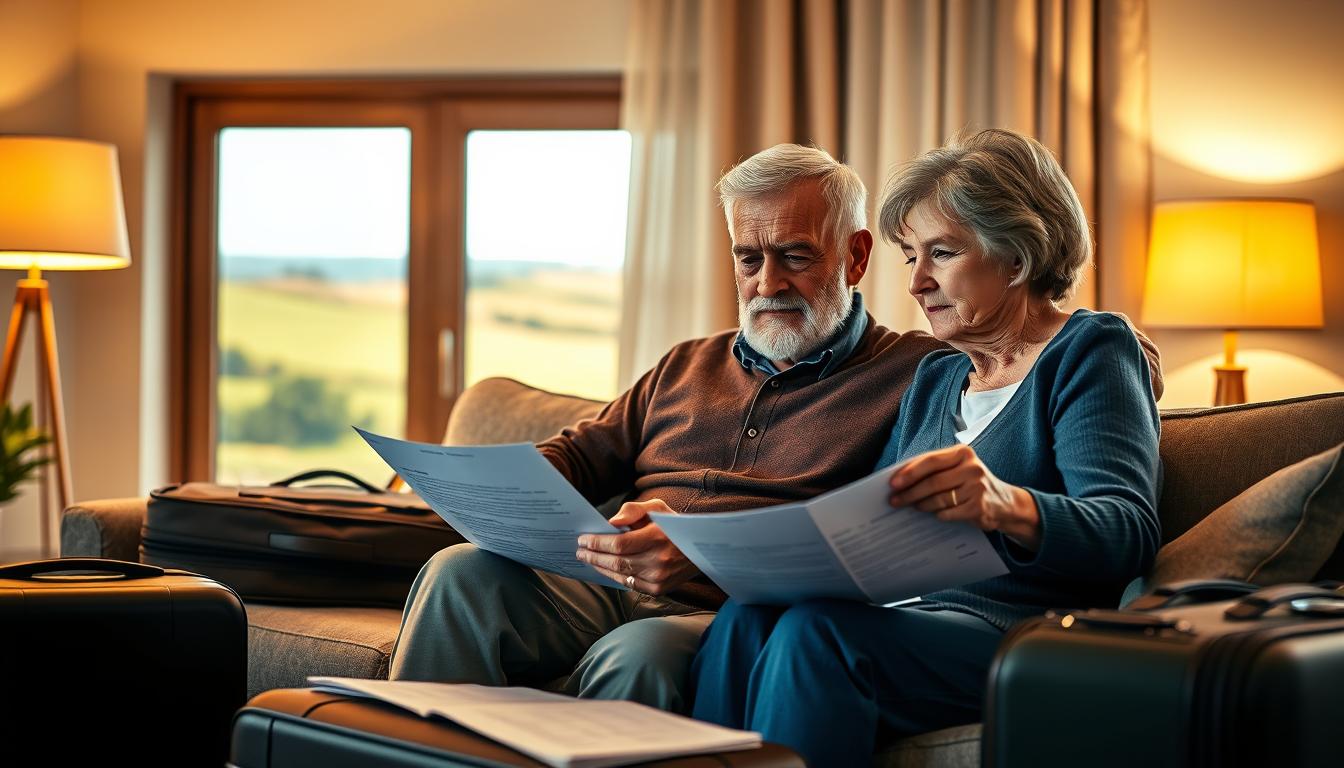 A senior couple sitting on a cozy couch, surrounded by suitcases and travel documents. The warm lighting from a nearby lamp casts a soft glow, while the window in the background showcases a scenic countryside view. The man is reviewing insurance paperwork, his brow furrowed in concentration, while the woman leans in, a reassuring hand on his arm. The overall mood is one of contemplation and financial security, as they navigate the complexities of trip cancellation coverage for their upcoming retirement adventure. Captured with a Canon EOS R5 and a 24-70mm f/2.8 lens, the scene conveys a sense of thoughtful preparation and hard-earned peace of mind.