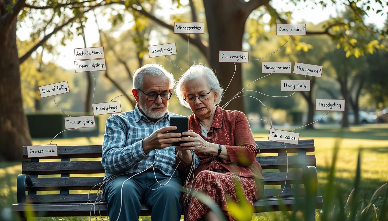 A senior couple sitting on a park bench, looking quizzically at a smartphone, surrounded by a maze of tangled strings representing common misconceptions about travel insurance. Soft afternoon light filters through the trees, casting gentle shadows. A classic Leica M-series camera with a Summicron 50mm lens captures the scene with a shallow depth of field, emphasizing the focal points. The atmosphere is one of contemplation and subtle humor, inviting the viewer to reconsider their assumptions about this important financial product.