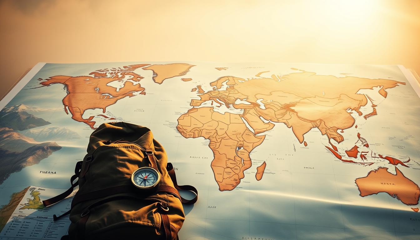 A sprawling world map illuminated by warm sunlight, showcasing the diverse coverage areas of an adventure travel insurance policy. In the foreground, a rugged hiking backpack and a compass resting on the map, hinting at the adventurous spirit. The middle ground features iconic landscapes such as towering mountains, dense forests, and vast deserts, representing the breadth of coverage. The background seamlessly blends into a hazy, atmospheric sky, creating a sense of exploration and discovery. Captured with a high-resolution DSLR camera and a wide-angle lens, the image exudes a sense of adventure and the importance of comprehensive coverage for the intrepid traveler.