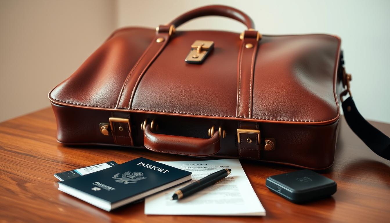 A stylish leather briefcase rests on a wooden table, its sleek exterior gleaming under the soft, warm lighting. The case's surface reflects the elegant brass hardware, conveying a sense of quality and protection. In the foreground, various travel accessories - a passport, a pen, and a set of travel documents - are neatly arranged, suggesting the case's utility in safeguarding important items. The background features a clean, minimalist setting, allowing the luggage and its contents to take center stage. Captured with a high-resolution DSLR camera and a 50mm prime lens, the image offers a realistic, detailed depiction of "luggage protection coverage" that aligns with the article's subject and section title.