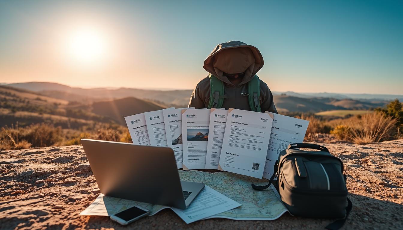 A tranquil outdoor scene captured through the lens of a high-quality DSLR camera, showcasing a range of customizable insurance coverage options for digital nomads. In the foreground, a well-equipped nomad sits cross-legged, surrounded by their travel essentials - laptop, backpack, and a map unfurled on the ground. The middle ground features a variety of insurance policy documents, each with a distinct visual identity, allowing for personalized selection. The background depicts a serene, sun-dappled landscape, with rolling hills, lush vegetation, and a distant horizon, conveying a sense of freedom and adventure. The image exudes a calm, contemplative atmosphere, inviting the viewer to explore the tailored insurance solutions available for the modern digital nomad lifestyle.