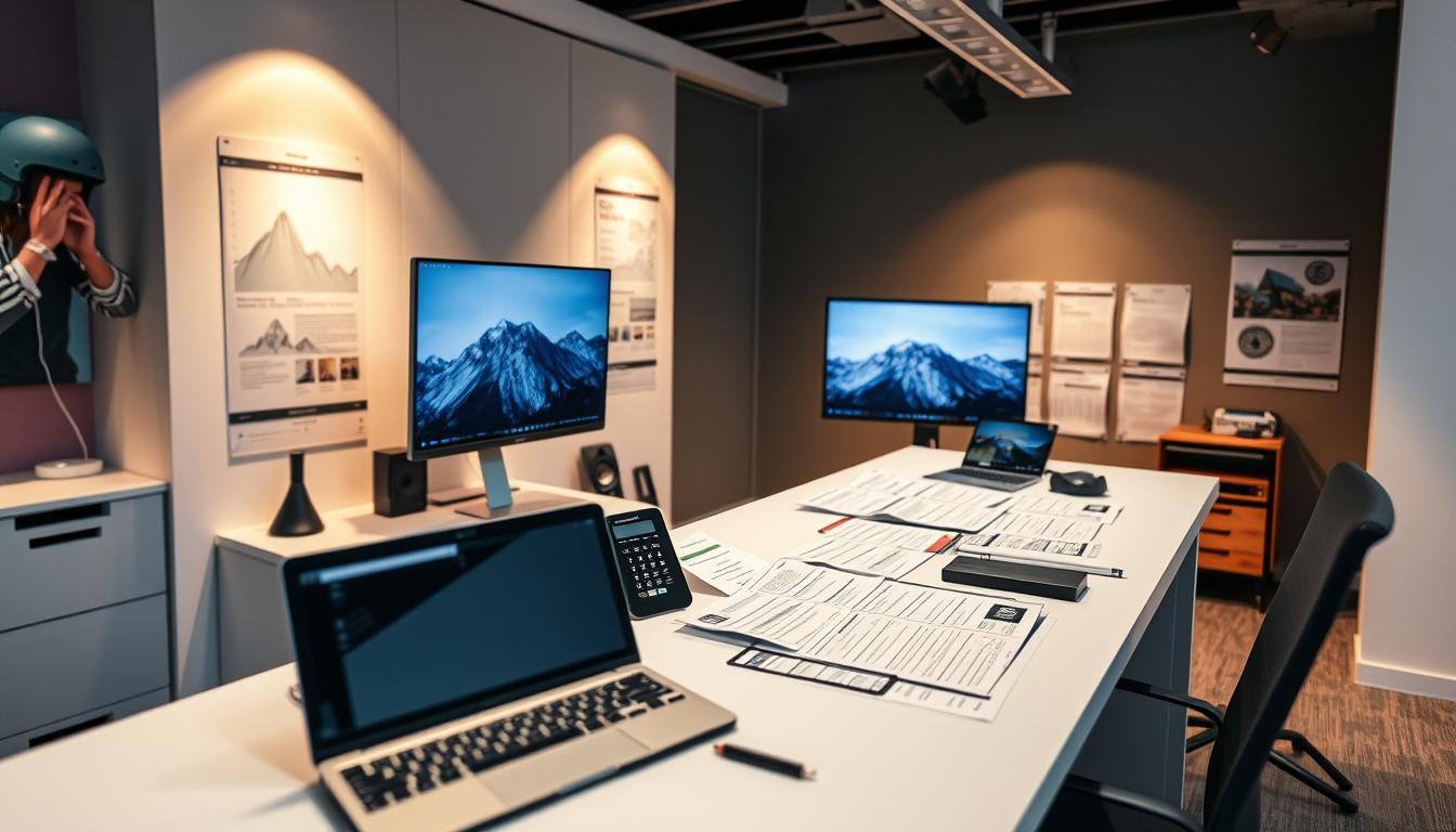 A vibrant display of customized insurance plans for thrill-seeking adventurers, captured in a dynamic studio setting. A sleek, modern desk showcases an array of documents and digital displays, reflecting the personalized nature of the coverage. Soft, directional lighting accentuates the textures and details, creating a sense of professionalism and expertise. The composition utilizes a high-angle perspective, with a shallow depth of field to draw the viewer's focus towards the center of the frame. The overall mood is one of confidence and assurance, conveying the peace of mind that these tailored insurance solutions can provide for those seeking the ultimate outdoor experiences.