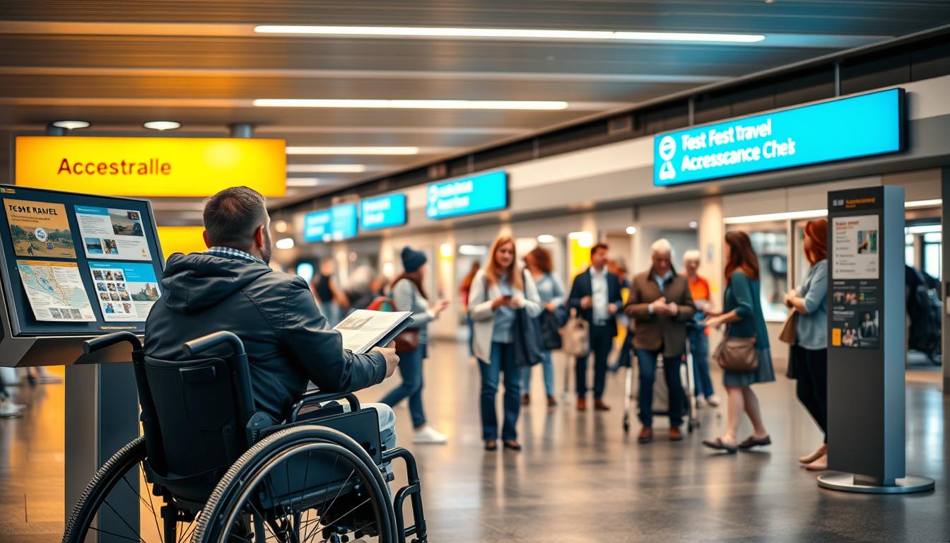A vibrant, high-resolution photograph of an accessible travel resource hub. In the foreground, a wheelchair-friendly information kiosk with brochures and maps. The middle ground showcases a group of diverse travelers - some with mobility aids - engaged in friendly conversation. In the background, a modern, well-lit transportation terminal with visible signage and assistance points. Warm, diffused lighting creates a welcoming atmosphere. Captured with a high-quality DSLR camera and wide-angle lens to emphasize the spacious, inclusive environment.