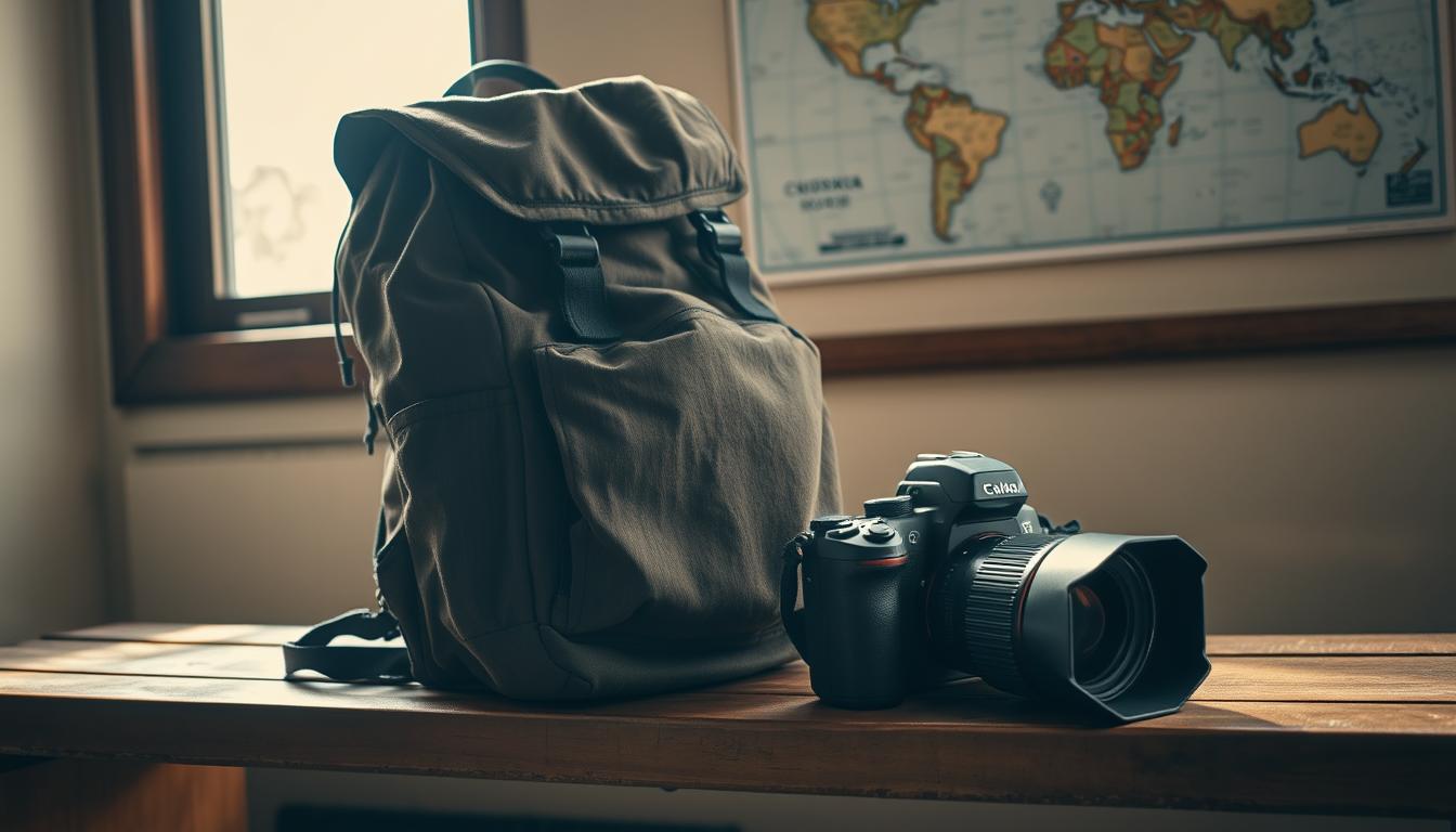 A weathered backpack rests on a wooden bench, its fabric worn from countless journeys. Beside it, a high-quality camera and lens sit ready, capturing the scene in rich, cinematic detail. Filtered sunlight streams through a nearby window, casting a warm glow over the setup. In the background, a map of the world hangs on the wall, hinting at the adventures to come. This carefully curated still life conveys the thoughtful preparation and protection needed for the backpacking traveler, ready to safeguard their memories and belongings on the journey ahead.