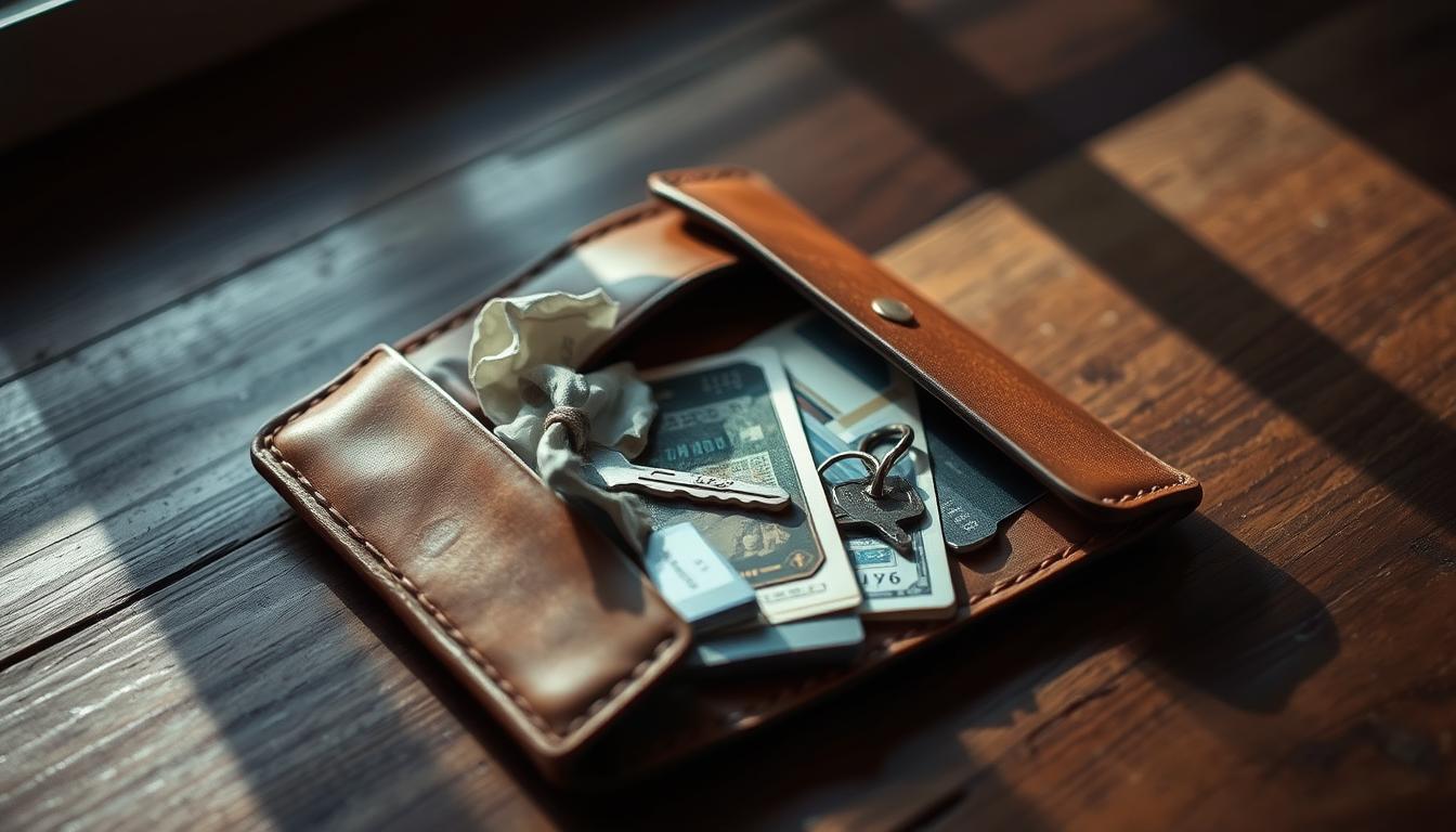 A weathered leather wallet lies open on a wooden table, its contents spilling out - a few crumpled bills, some expired cards, and a single key. The lighting is soft and natural, casting subtle shadows that add depth and texture to the scene. The camera's angle is slightly elevated, giving a sense of a thoughtful, contemplative perspective. The overall mood is one of intentional simplicity, hinting at the practical and discreet nature of a "dummy wallet" as a travel safety strategy.