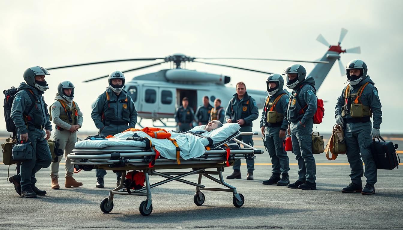 A well-equipped medical evacuation team stands ready, their specialized gear and equipment meticulously organized. In the foreground, a sturdy stretcher and emergency medical supplies are neatly arranged, conveying a sense of preparedness. The middle ground features a team of skilled professionals, their uniforms crisp and their expressions focused, as they coordinate the logistics of a seamless evacuation operation. In the background, a modern, state-of-the-art medevac helicopter hovers, its powerful rotors cutting through the air, ready to swiftly transport the patient to advanced medical care. Soft, diffused lighting bathes the scene, creating a serene, yet urgent atmosphere, captured through the lens of a high-resolution DSLR camera with a wide-angle lens.