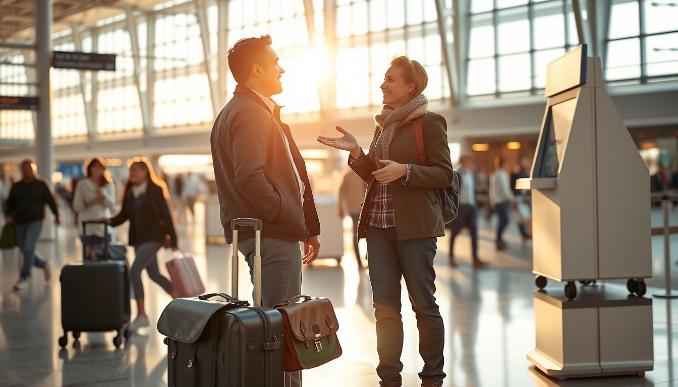 A well-equipped traveler standing in a bustling airport terminal, looking at a travel assistance kiosk with a friendly agent. The scene is illuminated by warm, natural lighting streaming through large windows, casting a soft glow. A carry-on suitcase and a leather messenger bag sit at the traveler's feet, conveying a sense of preparedness. The agent is gesturing helpfully, providing guidance or information to the traveler. The background is filled with the activity of the terminal, including people walking, luggage carts, and the architectural details of the space. The overall mood is one of efficiency, comfort, and a positive travel experience.