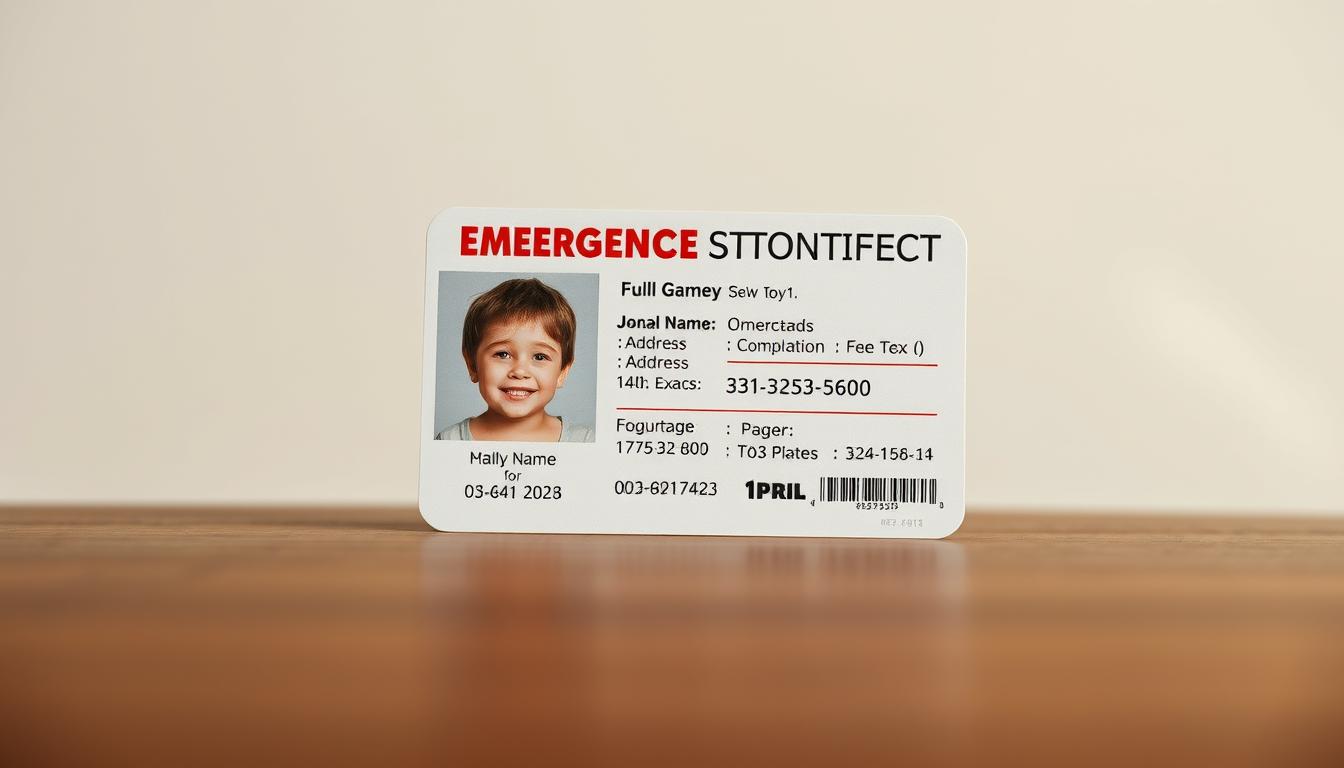 A well-lit, high-resolution photograph of a child's emergency contact identification card, featuring a clear portrait of the child, their full name, address, and emergency contact details in a legible, easily readable format. The card is displayed against a neutral, slightly blurred background, with a shallow depth of field to emphasize the subject. The image is captured using a professional-grade DSLR camera with a 50mm f/1.8 lens, with soft, natural lighting to create a warm, reassuring atmosphere. The composition places the card in the center of the frame, with ample negative space to allow for text overlays or annotations in a magazine or article layout.