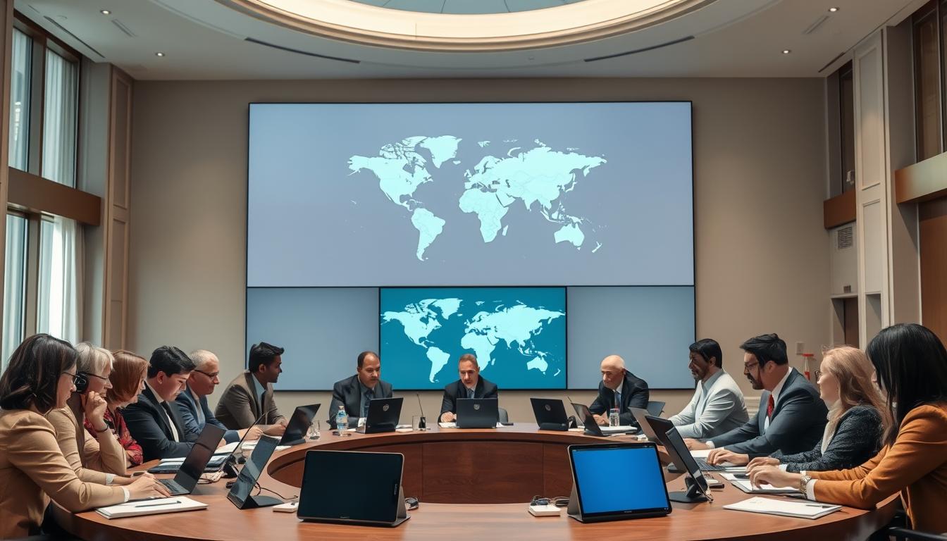 A well-lit, high-resolution photograph of a diverse group of individuals engaged in an international policy discussion. The foreground features a round table with representatives from various countries, each dressed in professional attire and intently focused on the documents and laptop screens in front of them. The middle ground showcases a world map displayed on a large screen, highlighting global connectivity. The background subtly depicts an elegant, high-ceilinged conference room with large windows, allowing natural light to flood the scene. The overall atmosphere conveys a sense of collaborative decision-making and global cooperation. Captured with a Canon EOS R5 camera and a Canon RF 24-70mm f/2.8L IS USM lens.