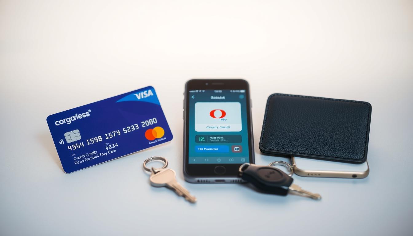 A well-lit, high-resolution photograph of various payment methods and security devices for safe travel, including a contactless credit card, a mobile phone with a digital wallet app, a small RFID-blocking wallet, and a security key. The scene is set against a clean, neutral background, with a subtle gradient or textured surface to provide depth and visual interest. The items are arranged in a visually appealing, organized manner, capturing the concept of secure financial transactions while on the move. The lighting is soft and even, accentuating the details and materials of the objects. The overall mood is professional, trustworthy, and informative, reflecting the subject of avoiding travel scams.