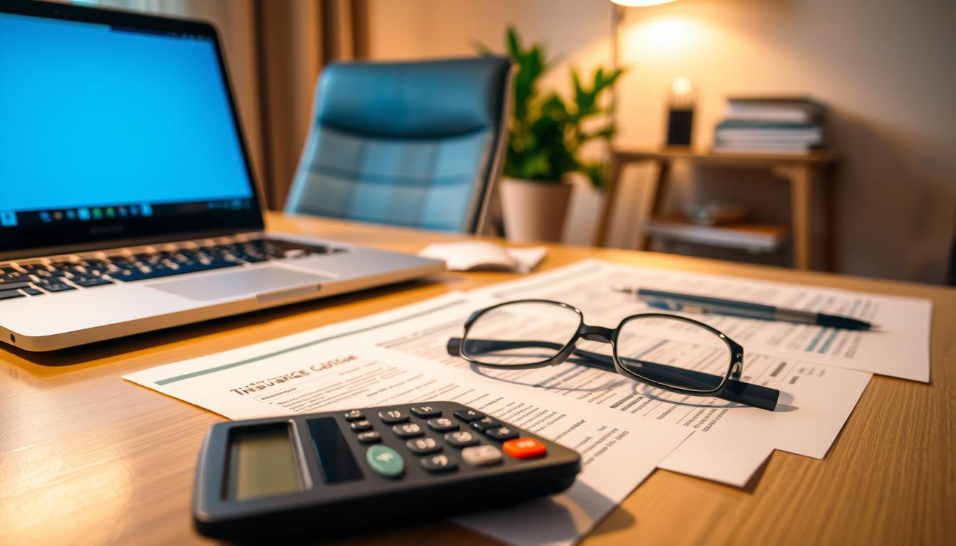 A well-lit office desk with a laptop, a magnifying glass, and several documents spread out. In the foreground, a calculator and a pair of reading glasses sit on top of the documents, highlighting the task of evaluating travel insurance costs. The middle ground features a sleek, modern office chair and a potted plant, creating a sense of a professional work environment. The background is slightly blurred, but suggests a cozy, home-office setting with warm lighting and minimal decor. The overall scene conveys a thoughtful, analytical mood as the subject carefully reviews and compares travel insurance options.
