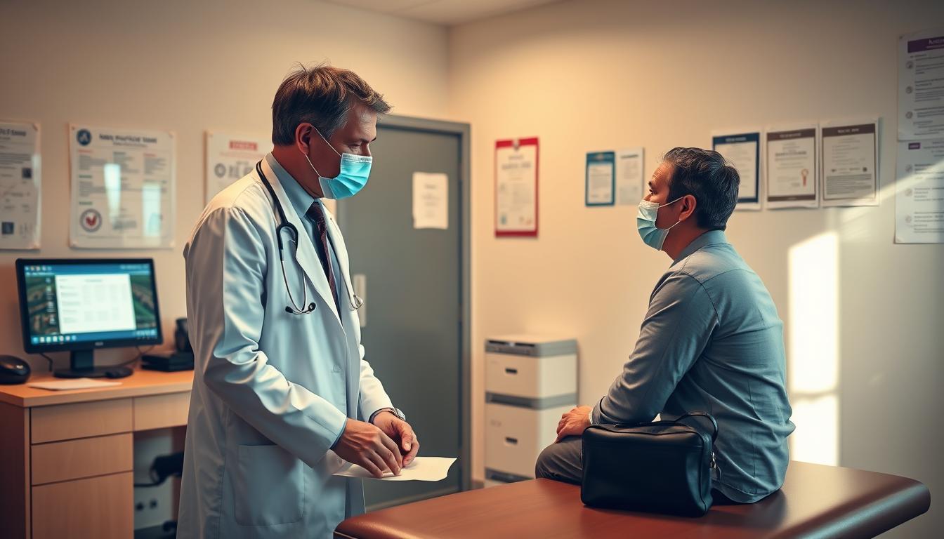 A well-lit, photorealistic image of a healthcare professional conducting a pre-travel health assessment. The doctor, wearing a white coat and stethoscope, is examining a patient sitting on an examination table. In the background, a desk with a computer displays medical information, and the walls are adorned with charts and certificates. The lighting is warm and natural, casting a soft glow over the scene. The camera angle is slightly elevated, giving a sense of professionalism and authority. The overall mood is one of competence, care, and attention to detail, reflecting the importance of pre-travel health checks during a pandemic.