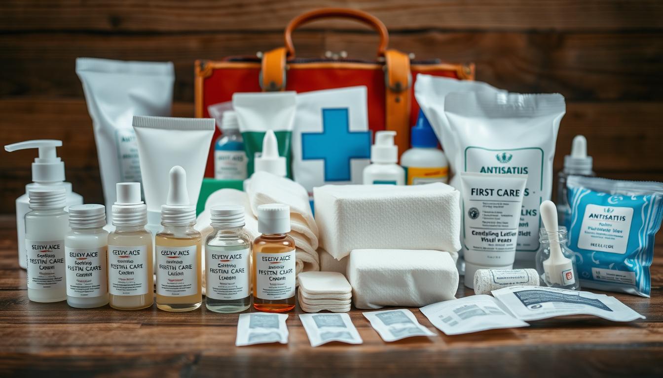A well-lit still life composition showcasing an assortment of skin care first aid items. In the foreground, a row of small glass bottles and tubes filled with soothing lotions, creams, and ointments. In the middle ground, bandages, gauze, and antiseptic wipes neatly arranged. In the background, a wooden surface with a vintage medical kit and other emergency supplies. Captured with a high-resolution DSLR camera using a macro lens, creating a detailed, realistic, and visually appealing image.