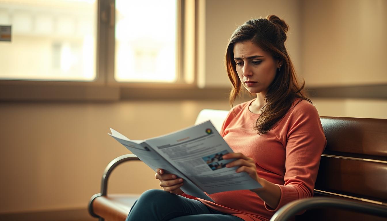 A woman sitting on a bench in a calm, cozy hospital waiting room, anxiously reading medical documents. The scene is bathed in warm, soft lighting from a nearby window, creating a sense of contemplation and concern. The woman's expression is one of worry, as she navigates the complexities of her pregnancy complications and travel insurance coverage. The background is blurred, drawing the viewer's attention to the woman's pensive demeanor. Captured with a Canon EOS R5 and a 24-70mm f/2.8 lens, the image conveys the emotional weight of this delicate situation.