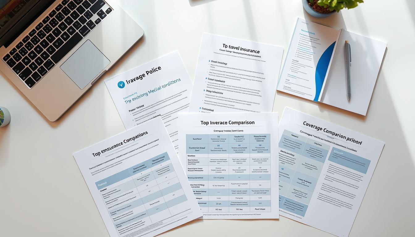An overhead view of a clean, well-lit office desk, with a laptop, documents, and a series of insurance policies and coverage comparison charts arranged neatly. The policies are from top travel insurance providers, including their logos and branding. The documents feature detailed side-by-side comparisons of coverage for pre-existing medical conditions, emergency medical care, trip cancellation, and other key benefits. The lighting is soft and natural, creating a professional, informative atmosphere. Captured with a Canon EOS R5 camera and a 24-70mm f/2.8 lens, providing a crisp, high-resolution image.