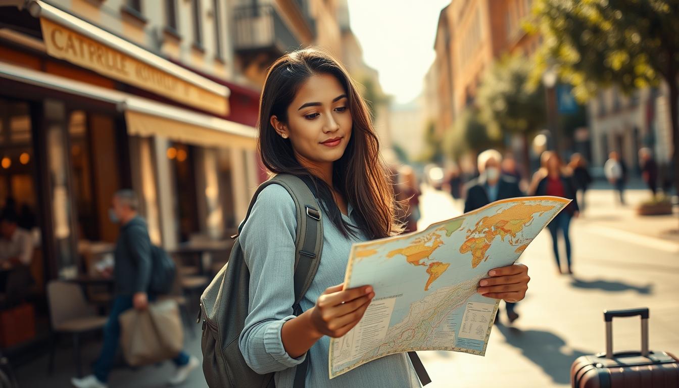 Confident young woman stands in a sunny, urban setting, contemplating her travel map. Warm lighting accentuates her determined expression as she considers her next steps. Her backpack and compact luggage convey her preparedness for an independent journey. A cafe in the background and pedestrians passing by create a sense of vibrancy and possibility. Captured with a Canon EOS R5 and RF 24-105mm f/4L IS USM lens, the image has a cinematic quality, inviting the viewer to imagine the adventures that await this solo female traveler.