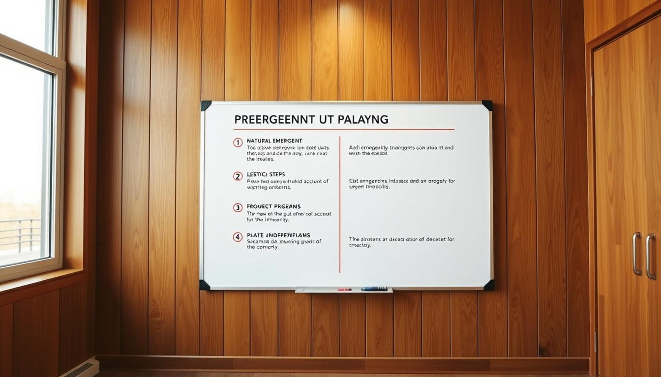 Detailed emergency plan steps displayed on a crisp, clean whiteboard against a warm-toned wood-paneled wall. The steps are clearly outlined in a minimalist, modern design with plenty of negative space. The lighting is soft and natural, coming from a large window to the left, casting a gentle glow on the scene. The camera lens is a high-quality DSLR, capturing the scene in sharp focus with a shallow depth of field, drawing the eye to the important details. The overall mood is one of organization, preparedness, and reassurance, reflecting the article's focus on travel safety during natural disasters.