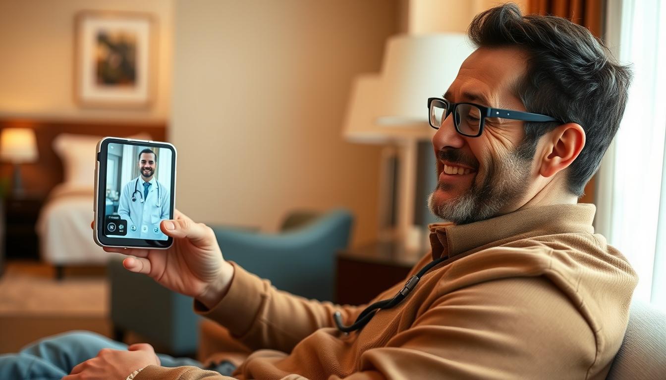 Detailed scene of a traveler using a smartphone for a telemedicine consultation. The traveler is sitting comfortably in a hotel room, the camera focused on their face as they engage in a video call with a healthcare provider. The room is softly lit, with warm tones and a sense of privacy and relaxation. The traveler's expression is one of relief and confidence, conveying the benefits of remote medical care while on the go. The background is slightly blurred, emphasizing the importance of the interaction. A realistic, high-quality photograph taken with a Canon EOS R5 camera and a 24-70mm f/2.8 lens.