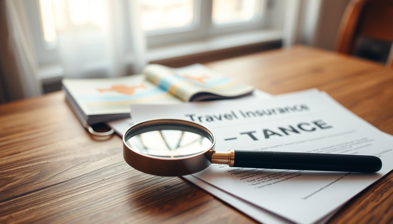 Detailed still life shot of travel insurance policy documents, brochures, and a magnifying glass laid out on a wooden table. Soft natural lighting from a window illuminates the scene. Shallow depth of field with the insurance materials in focus and the background slightly blurred. Camera is positioned at an angle to capture the arrangement in an organized, visually appealing manner. Warm, contemplative mood evokes the process of carefully selecting the right travel insurance policy.