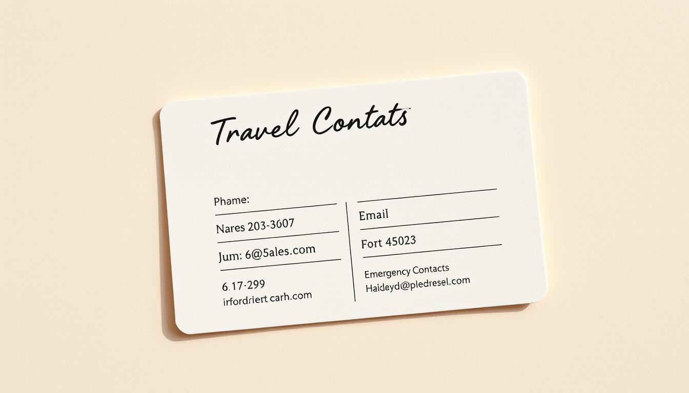 Detailed travel contact card design against a minimalist background. Sleek, modern layout with clean typography and muted color palette. Prominent contact information fields for name, phone, email, emergency contacts. Subtle textured paper background with soft shadows. Crisp, high-resolution image captured with a professional DSLR camera and macro lens to showcase the intricate design elements. Warm, natural lighting accentuates the refined, elegant aesthetic, creating a sense of sophistication and preparedness for the discerning traveler.