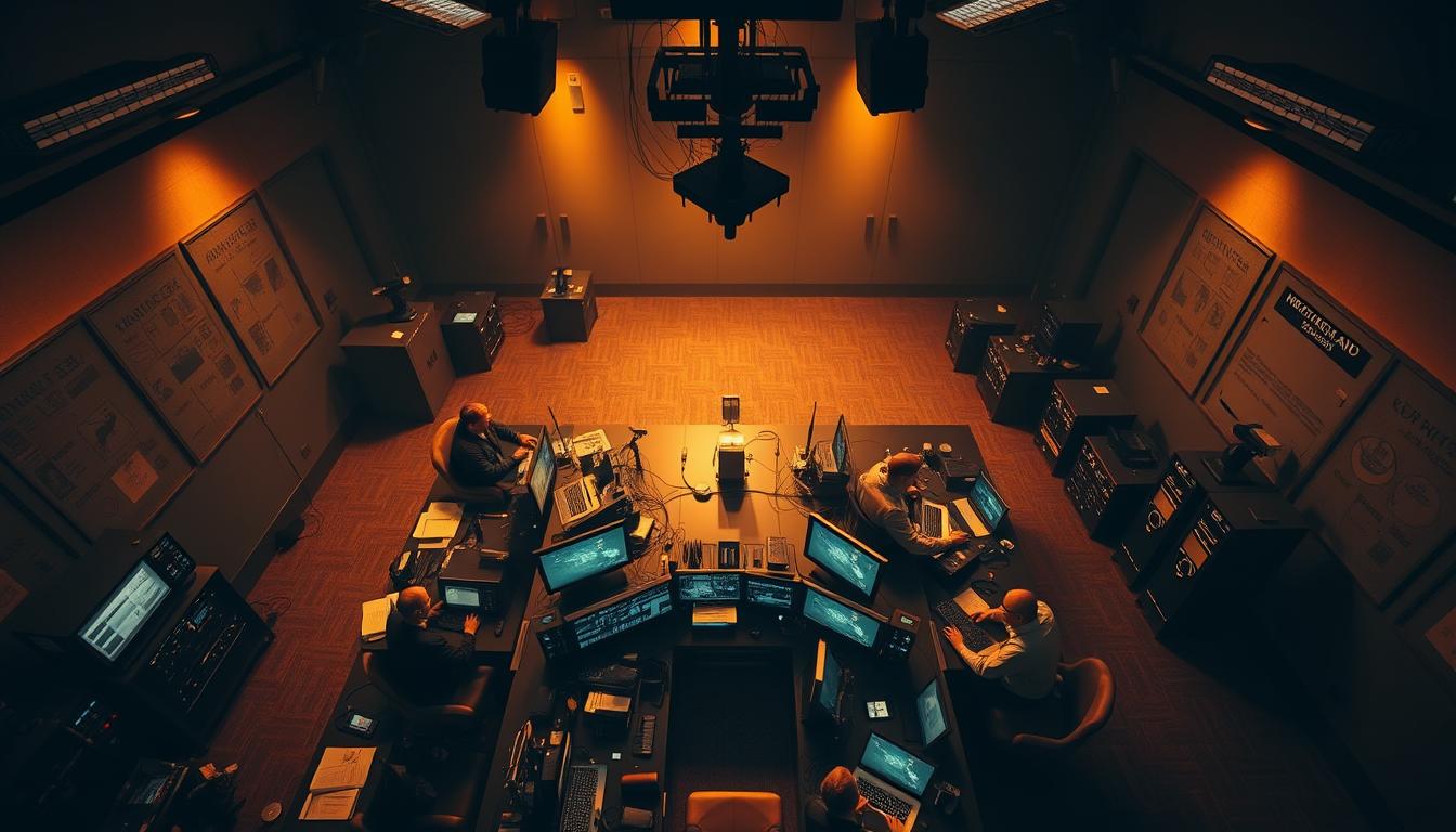 Dramatic overhead view of a command center for emergency communication protocols. Dimly lit room with a large table covered in technical equipment, radio transmitters, and satellite communication devices. Operators intently monitoring displays, coordinating response efforts. Warm ambient lighting casts deep shadows, creating a sense of urgency. High-quality DSLR camera, wide-angle lens to capture the scale of the scene. Tense, focused atmosphere as personnel work to establish reliable links in a crisis situation.