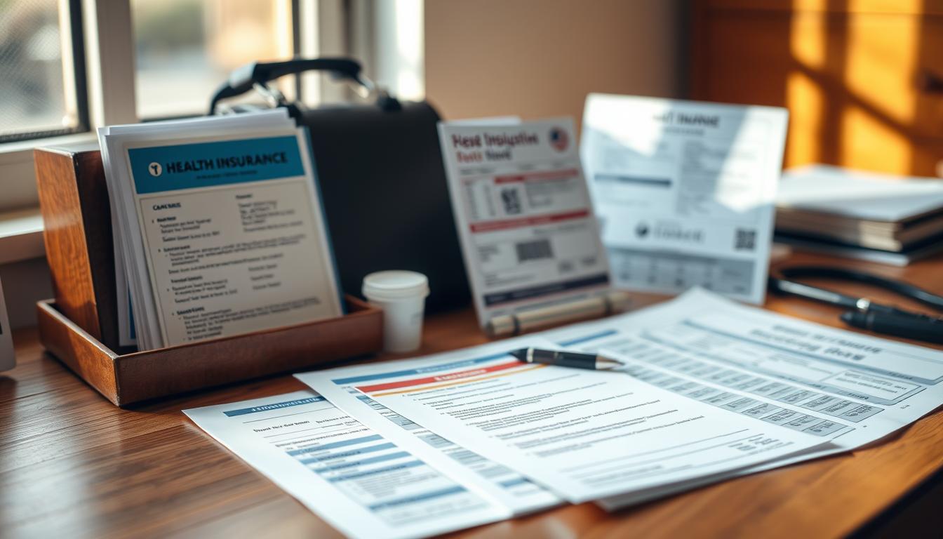 High-quality photograph of medical documentation for travel coverage, such as health insurance cards, prescription medication lists, and doctor's notes, arranged neatly on a wooden desk. Soft, natural lighting from a window casts a warm glow. Shallow depth of field, with the documents in sharp focus and the background gently blurred. The overall scene conveys a sense of organization, preparedness, and attention to detail, reflecting the "Essential Documents and Medical Assessments" section of the article. Captured with a Canon EOS R5 camera and a Canon RF 24-105mm f/4L IS USM lens.