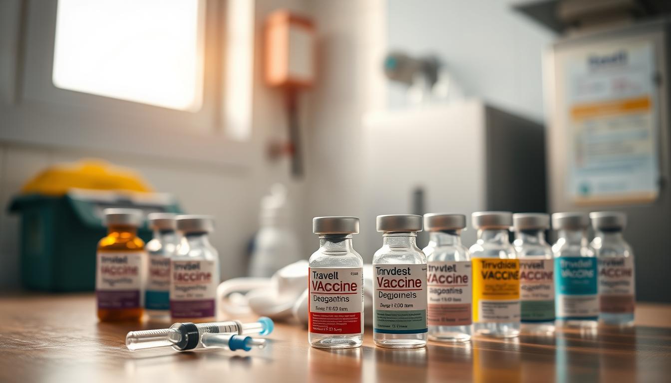 Prominent vials of common travel vaccines arranged in a realistic medical setting. Sharply focused foreground with a blurred background, illuminated by warm, natural light from a window. Syringes, cotton swabs, and other medical supplies in the middle ground. In the background, a white tiled wall and a steel medical cabinet. Conveys the importance and accessibility of these vital immunizations for global travelers. Photographed with a professional DSLR camera and a high-quality macro lens to capture fine details.