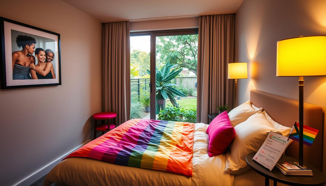 Vibrant and welcoming interior of an LGBTQ+-friendly hotel room. Soft lighting from a brass floor lamp casts a warm glow over the space. A stylish queen-sized bed takes center stage, adorned with plush bedding in rainbow hues. Framed artwork featuring diverse couples hangs on the walls, creating an inclusive ambiance. A small side table holds a rainbow flag and informational pamphlets about local LGBTQ+ resources and events. Through the window, a lush, verdant garden can be seen, suggesting a tranquil outdoor retreat. The scene is captured with a wide-angle lens to showcase the room's cozy yet spacious feel, creating an inviting and affirming atmosphere for LGBTQ+ travelers.