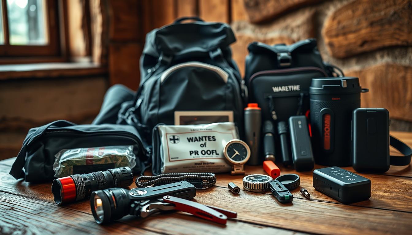A well-equipped travel emergency kit laid out on a rugged wooden table. In the foreground, a sturdy flashlight, a compact first-aid kit, and a multi-tool with various attachments. In the middle ground, a high-quality waterproof backpack, a weatherproof map case, and a portable power bank. In the background, a compass, a signaling mirror, and a survival whistle. Warm, natural lighting from a window casts a soft glow, highlighting the essential items for safe and prepared adventure travel. Captured with a professional DSLR camera and a 50mm prime lens to create a realistic, documentary-style image.