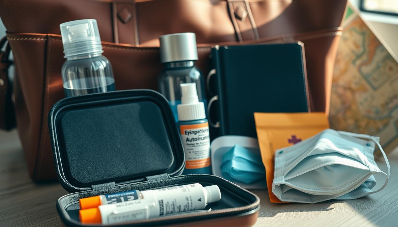 A well-organized travel tote with essential items for managing allergies abroad, illuminated by soft, natural lighting. In the foreground, a compact case containing an epinephrine auto-injector, antihistamine medication, and a travel-sized saline solution mist. In the middle ground, a reusable water bottle, disinfectant wipes, and a hypoallergenic facial mask. The background features a leather-bound medical journal and a folded map, suggesting a sense of preparedness and adventure. The overall mood is one of practical organization and care, capturing the essentials needed to navigate allergy concerns while exploring new destinations.